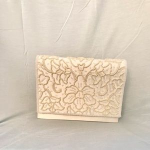 LaRegale, Beaded Evening bag, color is off-white, size 7”W x 5 1/2”H